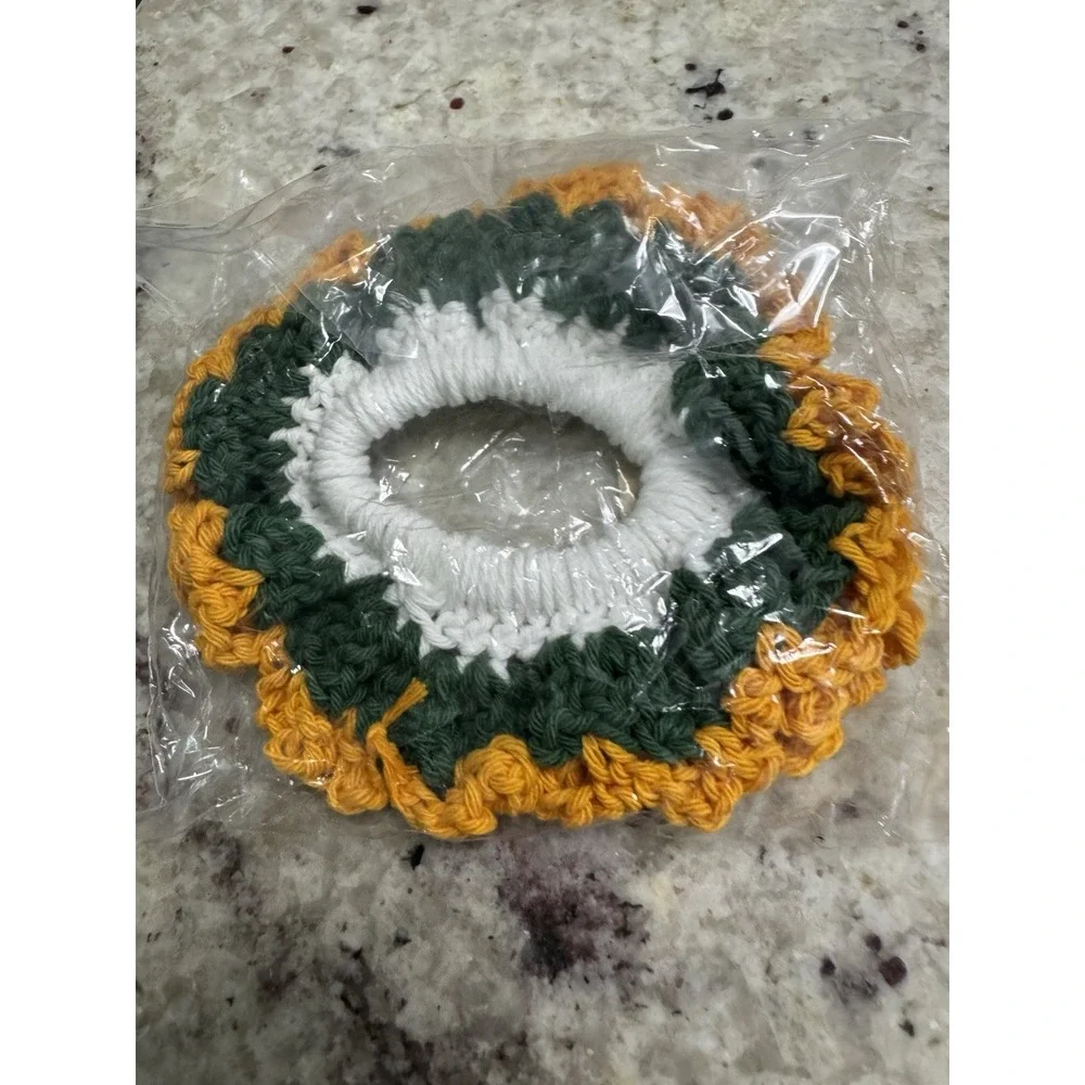 Handmade Crochet Scrunchie Boho Hair Tie Soft Cotton Elastic Green Mustard White